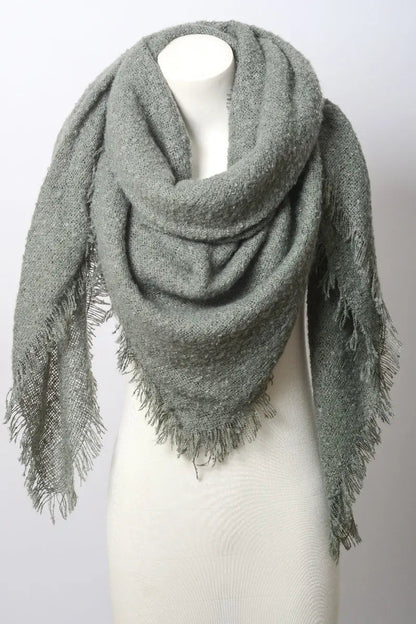 Leto Collection mohair square blanket scarf in sage green, soft and cozy with a stylish checkered pattern, perfect for layering.