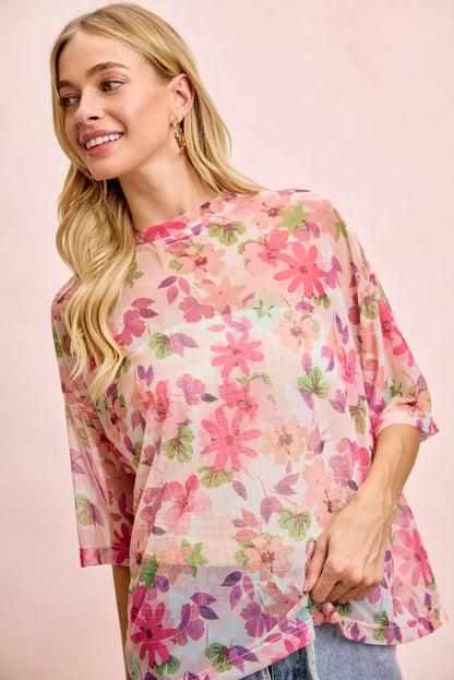 BiBi Floral Print Short Sleeves Boxy Mesh Top