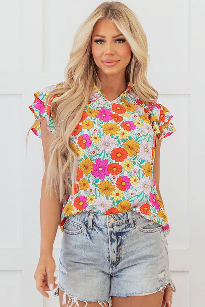 Leslie Floral Shirred Tiered Ruffled Sleeve Blouse-0