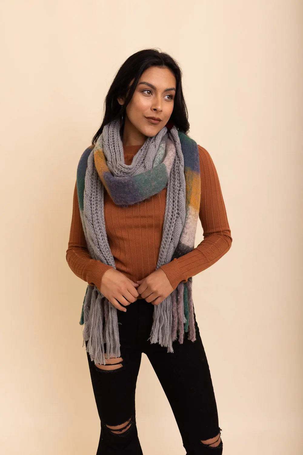 Knit Blend Tassel Trim Scarf Scarves