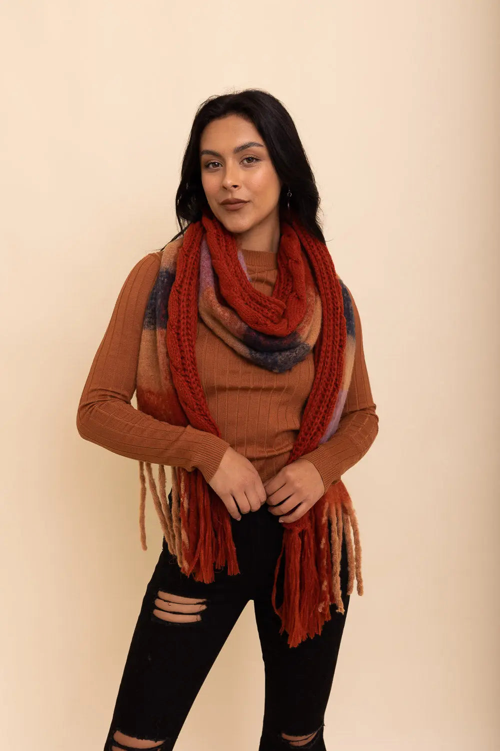 Knit Blend Tassel Trim Scarf Scarves Rust