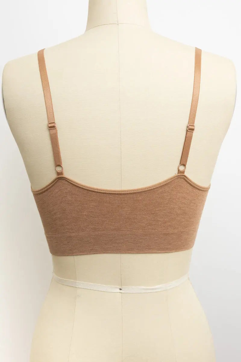 Lace trim mocha bralette with removable padding and seamless fit.