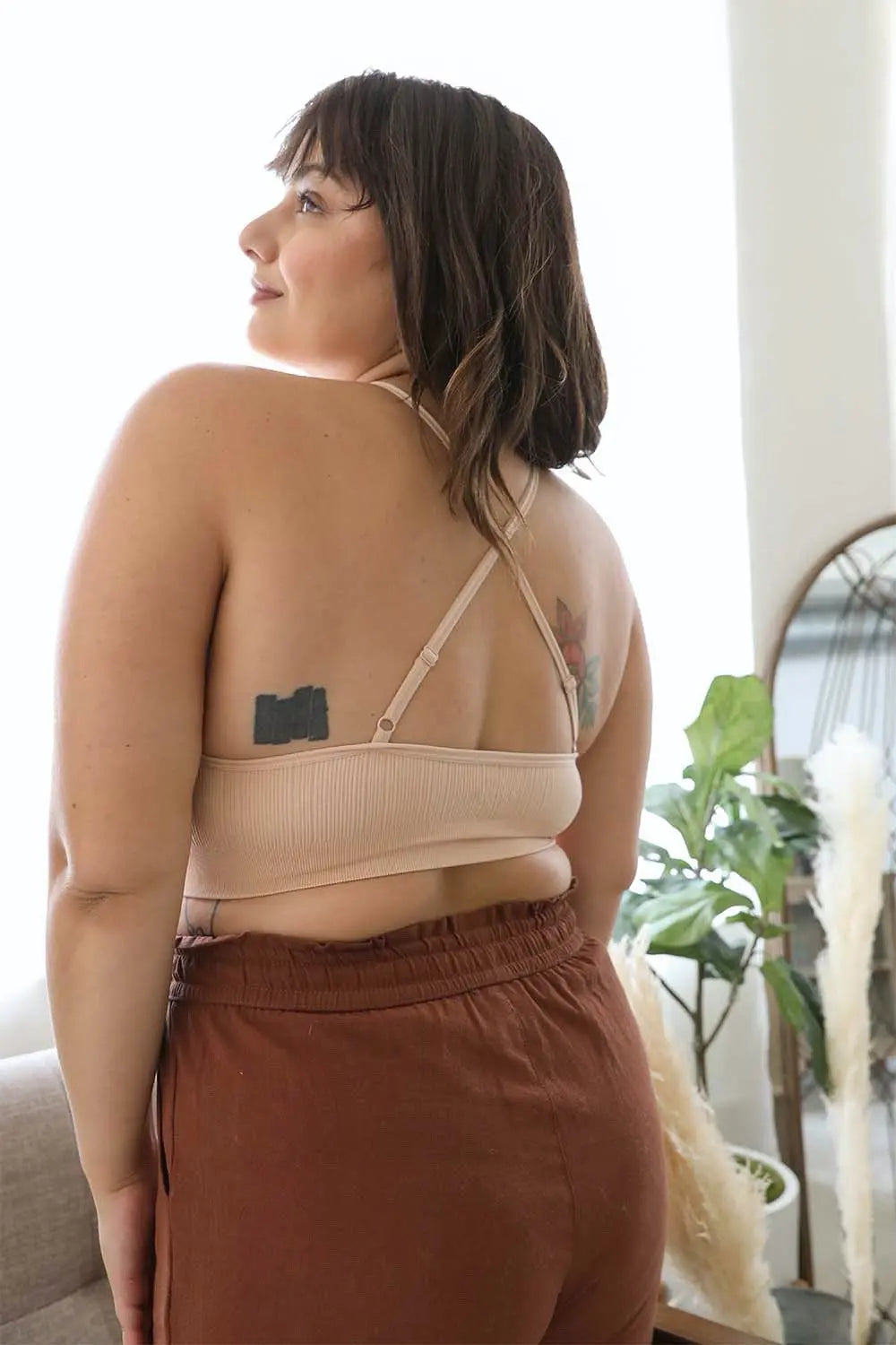 Soft and stretchy blush crochet bralette high neck plus size.