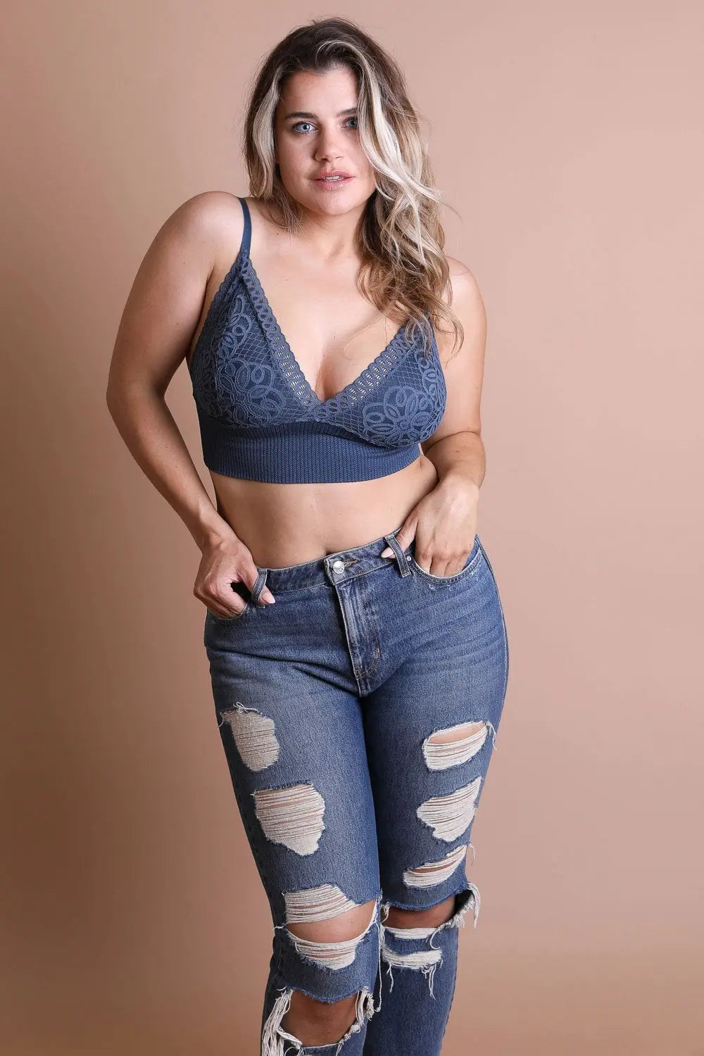 Soft stretch plus size blue brami with loop lace waistband.