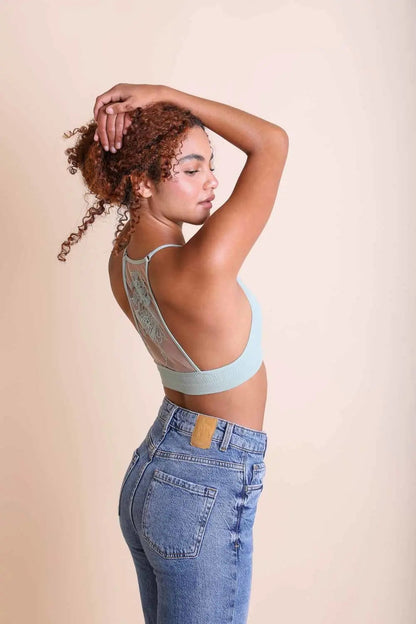 Tattoo back sage bralette with lightweight and seamless fit.